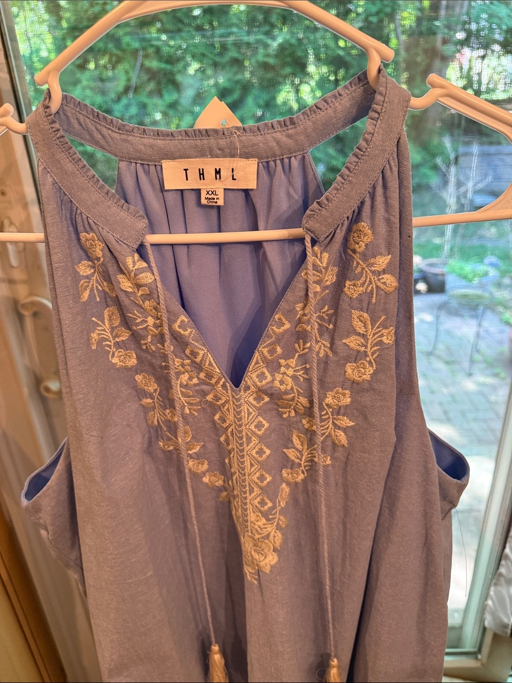 THML Blue Embroidered Dry Tassel V-Neck Dress